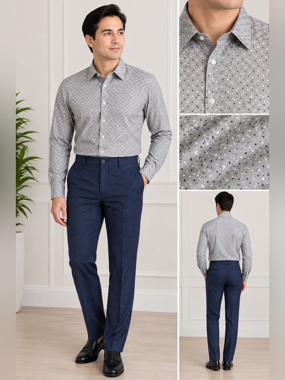 Club Monaco Gray Button-Down Shirt with Navy Dot Pattern